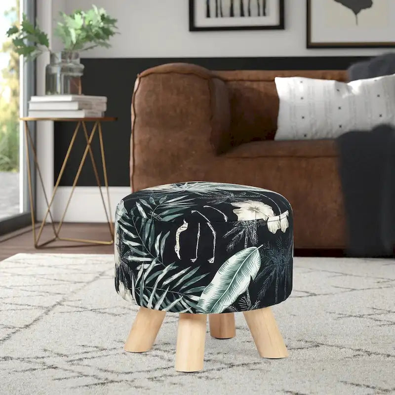 Repose-pieds rond en velours ottoman – Floral, Rembourrage moderne en mousse et pieds en bois massif, Utilisateur unique