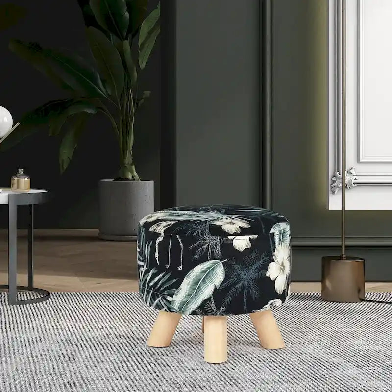 Repose-pieds rond en velours ottoman – Floral, Rembourrage moderne en mousse et pieds en bois massif, Utilisateur unique