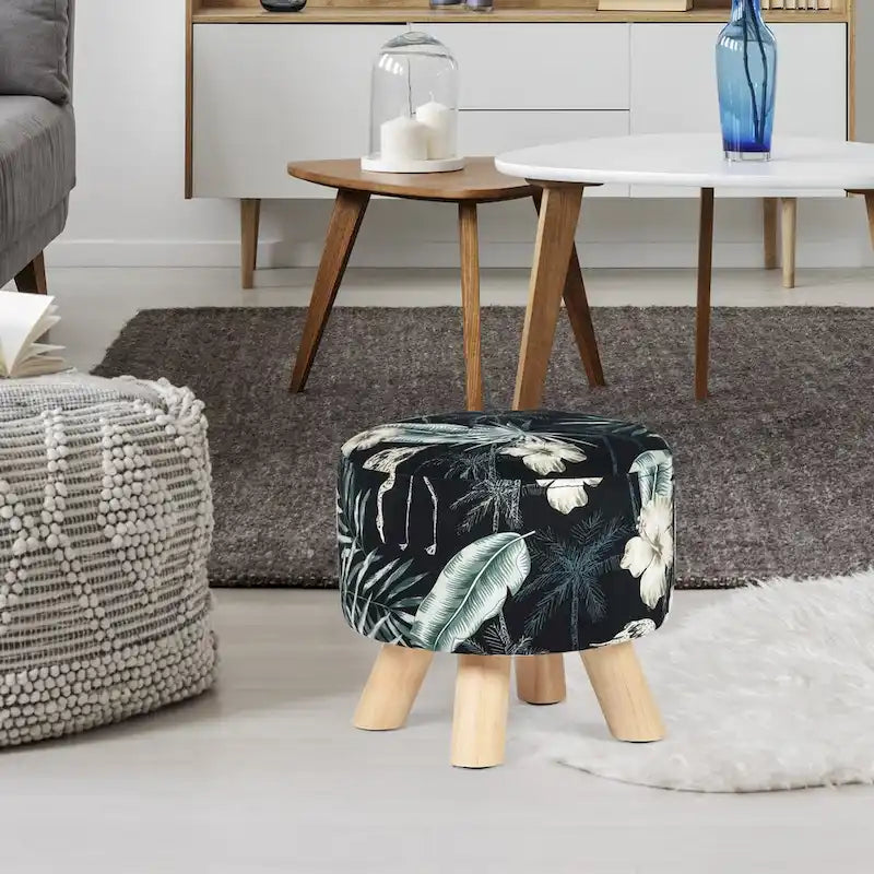 Repose-pieds rond en velours ottoman – Floral, Rembourrage moderne en mousse et pieds en bois massif, Utilisateur unique
