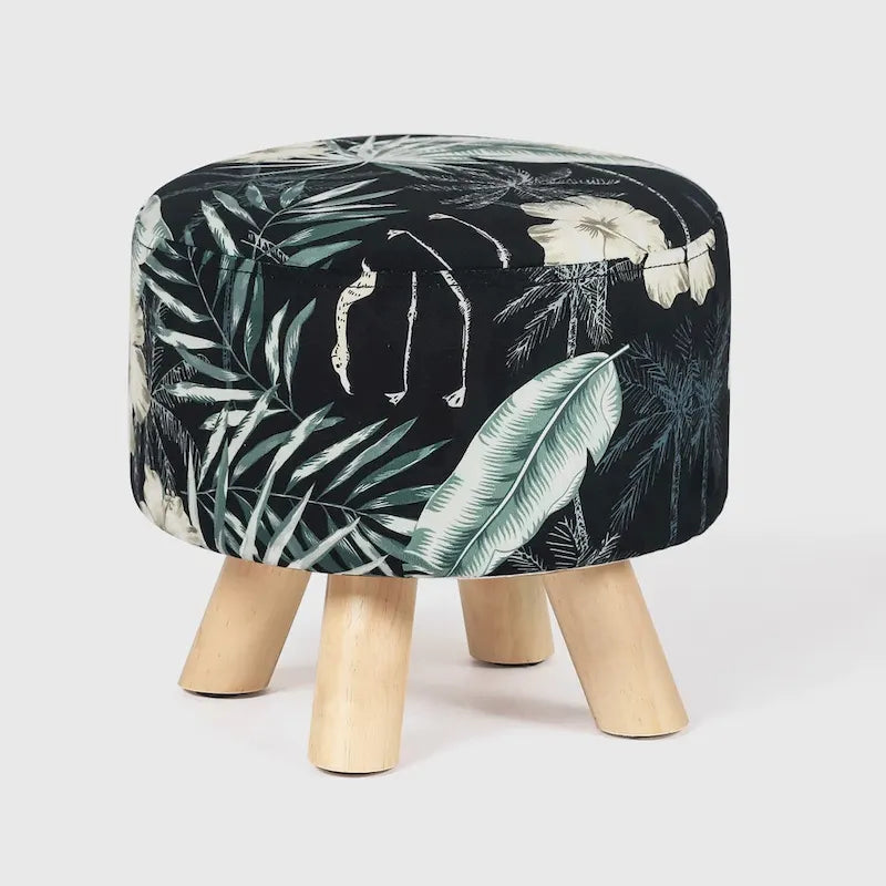 Repose-pieds rond en velours ottoman – Floral, Rembourrage moderne en mousse et pieds en bois massif, Utilisateur unique