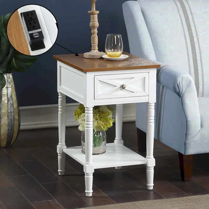 Table de chevet à 1 tiroir – Driftwood/Blanc / Noir / Espresso, bois style ferme avec station de recharge, pour utilisateur unique