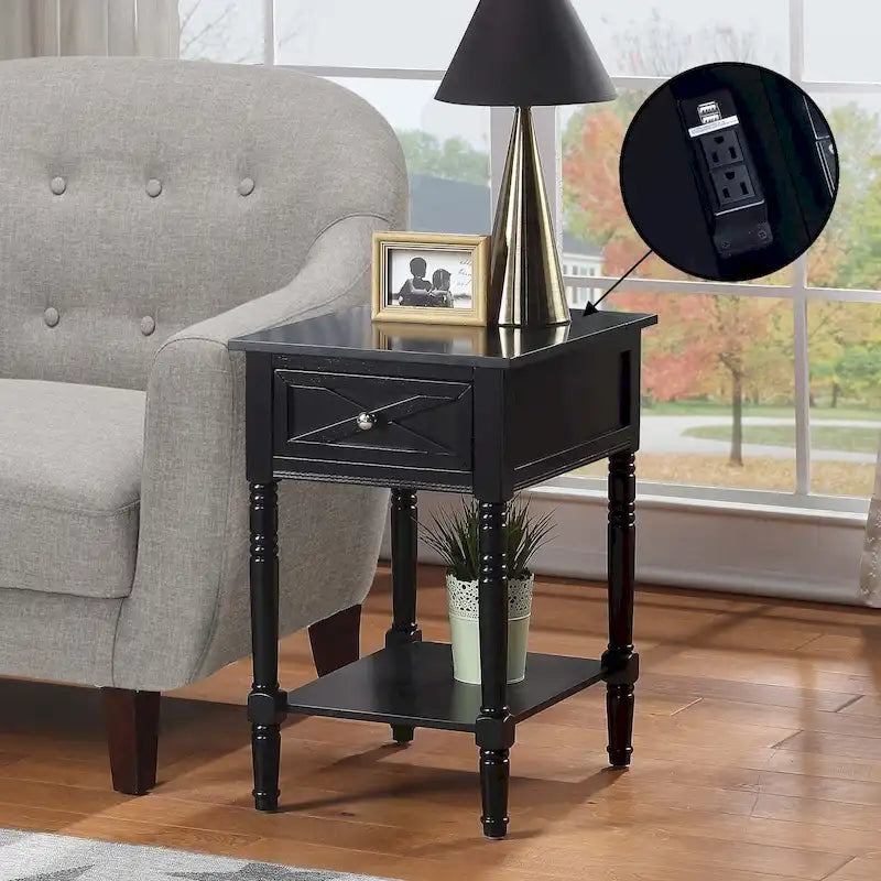 Table de chevet à 1 tiroir – Driftwood/Blanc / Noir / Espresso, bois style ferme avec station de recharge, pour utilisateur unique