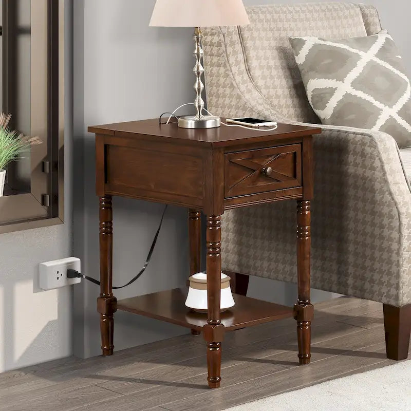 Table de chevet à 1 tiroir – Driftwood/Blanc / Noir / Espresso, bois style ferme avec station de recharge, pour utilisateur unique