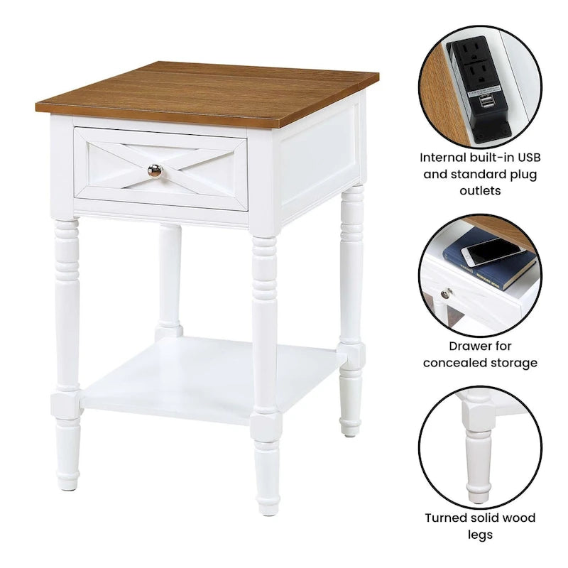 Table de chevet à 1 tiroir – Driftwood/Blanc / Noir / Espresso, bois style ferme avec station de recharge, pour utilisateur unique