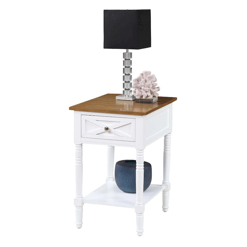 Table de chevet à 1 tiroir – Driftwood/Blanc / Noir / Espresso, bois style ferme avec station de recharge, pour utilisateur unique