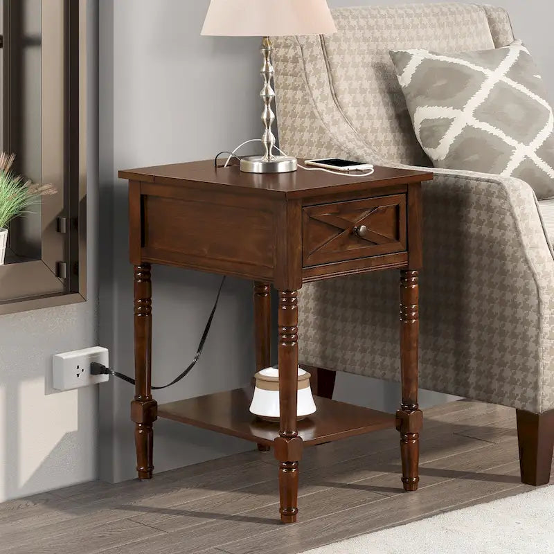 Table de chevet à 1 tiroir – Driftwood/Blanc / Noir / Espresso, bois style ferme avec station de recharge, pour utilisateur unique