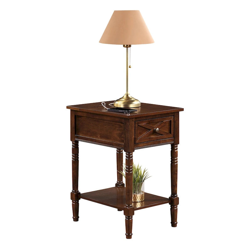 Table de chevet à 1 tiroir – Driftwood/Blanc / Noir / Espresso, bois style ferme avec station de recharge, pour utilisateur unique