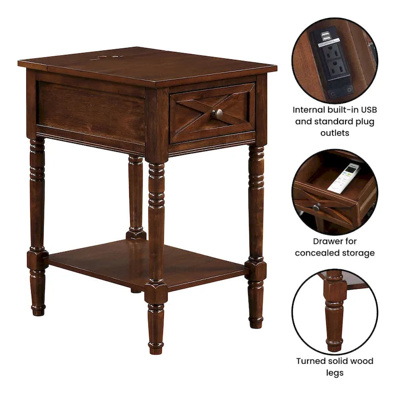Table de chevet à 1 tiroir – Driftwood/Blanc / Noir / Espresso, bois style ferme avec station de recharge, pour utilisateur unique