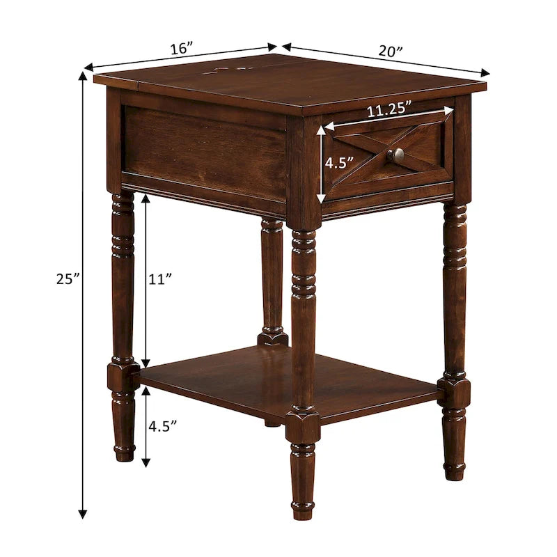 Table de chevet à 1 tiroir – Driftwood/Blanc / Noir / Espresso, bois style ferme avec station de recharge, pour utilisateur unique
