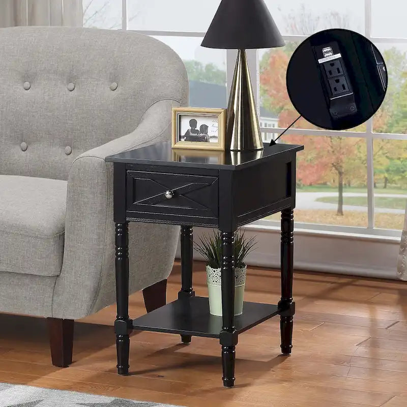 Table de chevet à 1 tiroir – Driftwood/Blanc / Noir / Espresso, bois style ferme avec station de recharge, pour utilisateur unique