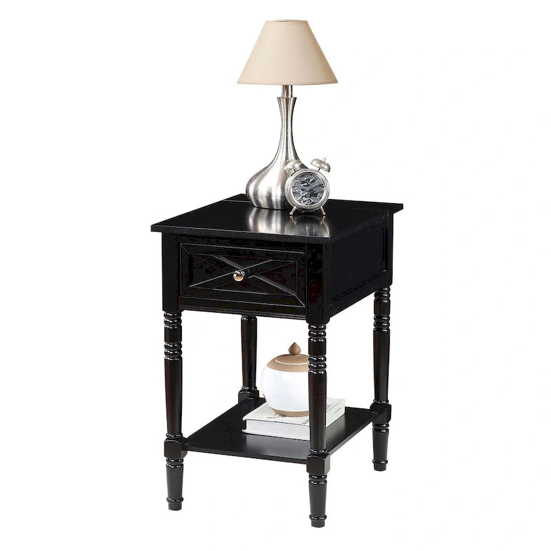 Table de chevet à 1 tiroir – Driftwood/Blanc / Noir / Espresso, bois style ferme avec station de recharge, pour utilisateur unique