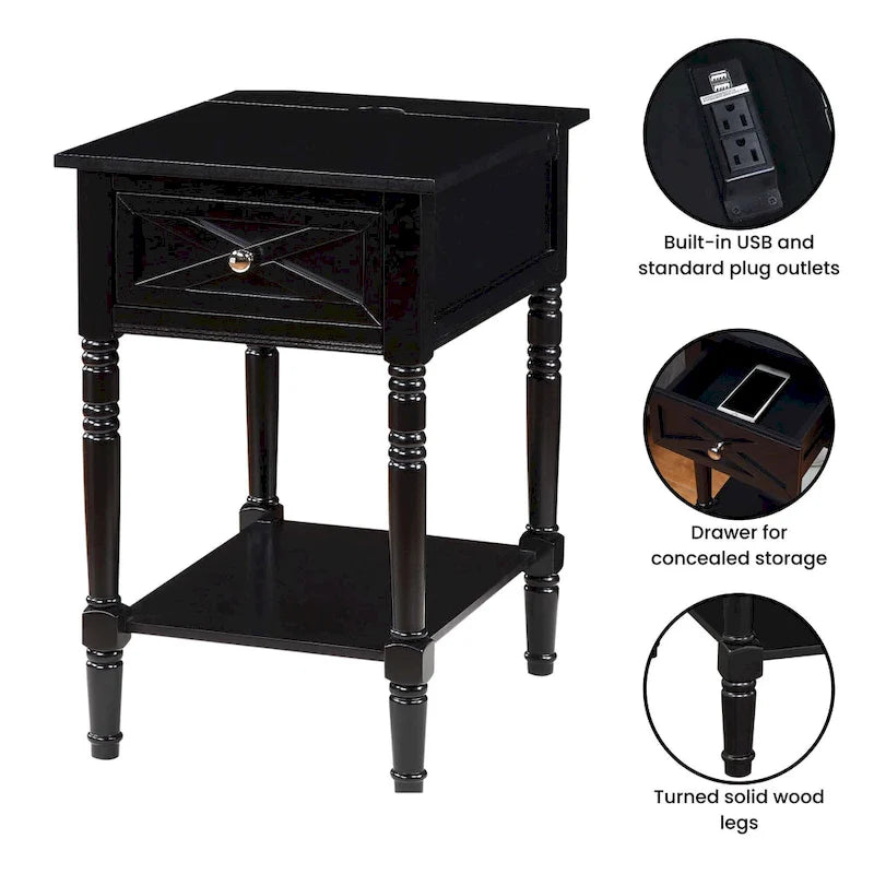 Table de chevet à 1 tiroir – Driftwood/Blanc / Noir / Espresso, bois style ferme avec station de recharge, pour utilisateur unique