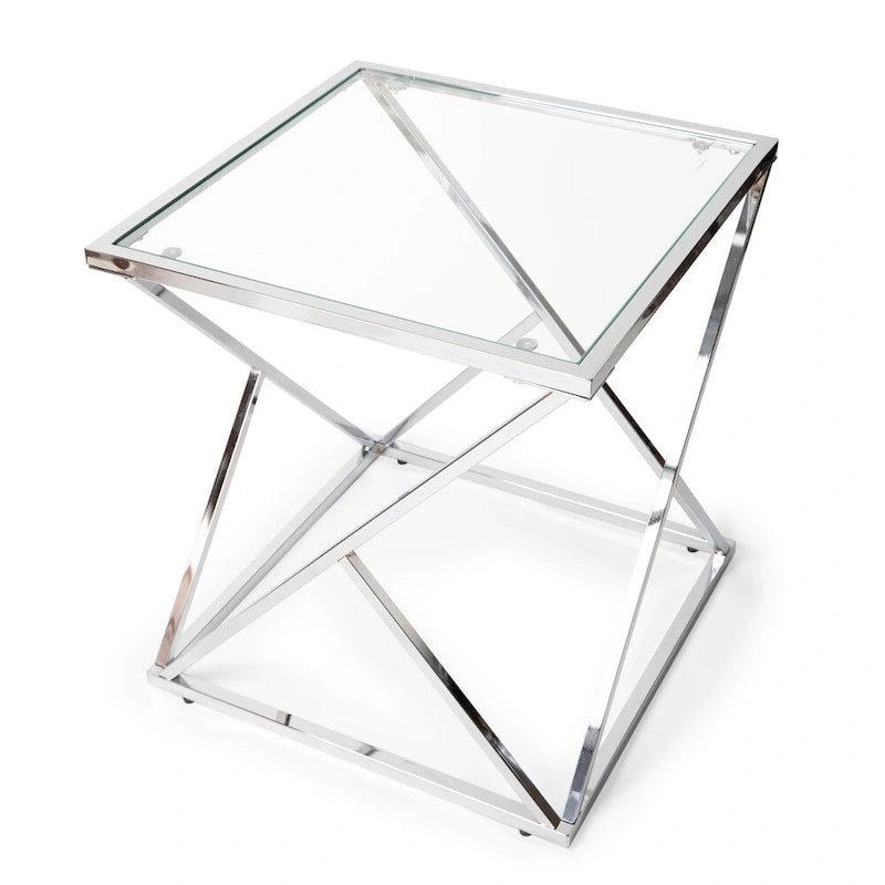 Table d'appoint carrée – Argent, plateau en verre et cadre en métal chromé, utilisateur unique
