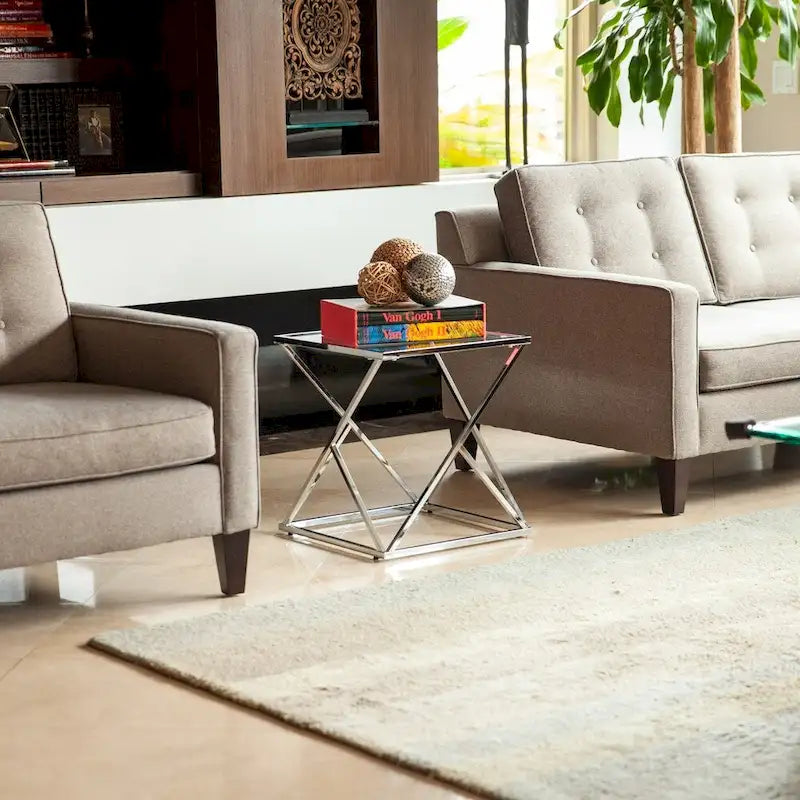 Table d'appoint carrée – Argent, plateau en verre et cadre en métal chromé, utilisateur unique
