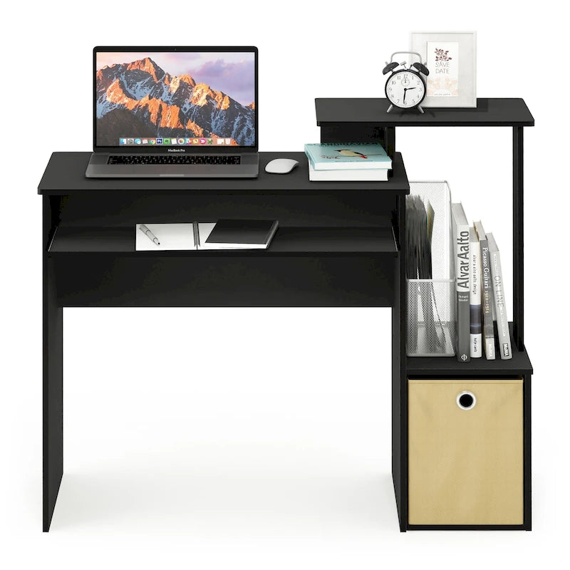 Bureau compact en MDF avec tablette coulissante pour clavier et bac de rangement en tissu pour 1 personne – Noir / Noyer foncé / Chêne français gris / Blanc / Chêne Sonoma / Pin ambré