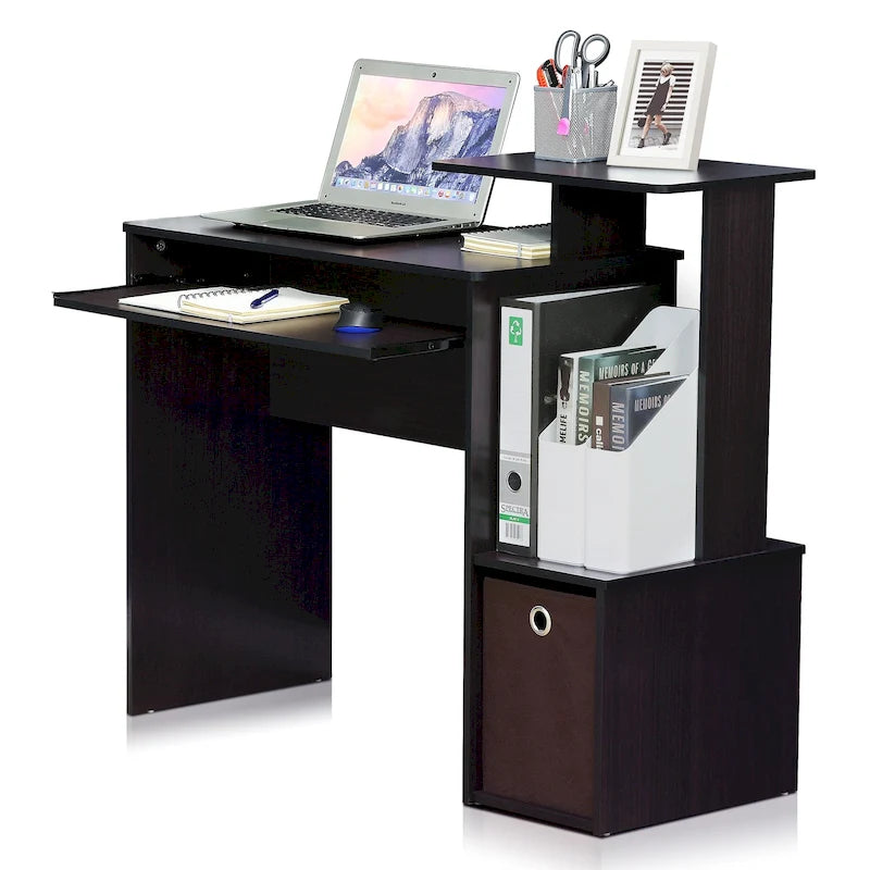 Bureau compact en MDF avec tablette coulissante pour clavier et bac de rangement en tissu pour 1 personne – Noir / Noyer foncé / Chêne français gris / Blanc / Chêne Sonoma / Pin ambré