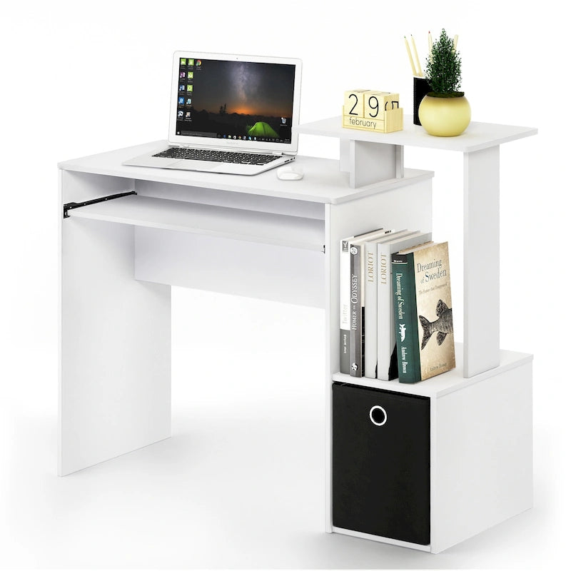 Bureau compact en MDF avec tablette coulissante pour clavier et bac de rangement en tissu pour 1 personne – Noir / Noyer foncé / Chêne français gris / Blanc / Chêne Sonoma / Pin ambré