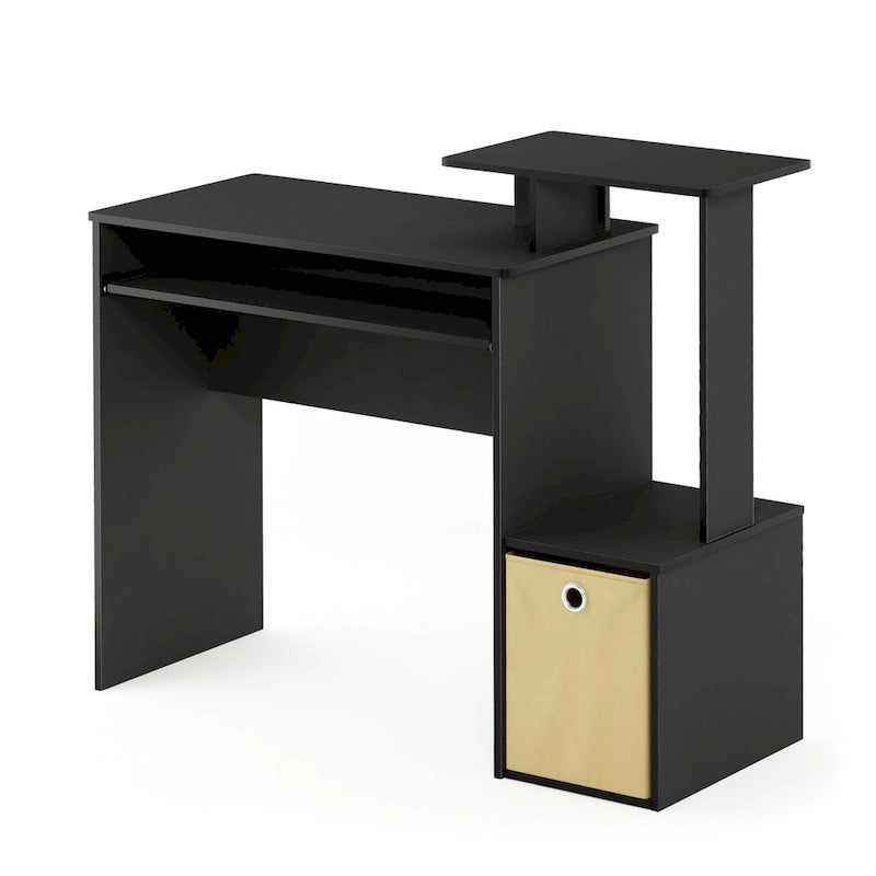 Bureau compact en MDF avec tablette coulissante pour clavier et bac de rangement en tissu pour 1 personne – Noir / Noyer foncé / Chêne français gris / Blanc / Chêne Sonoma / Pin ambré