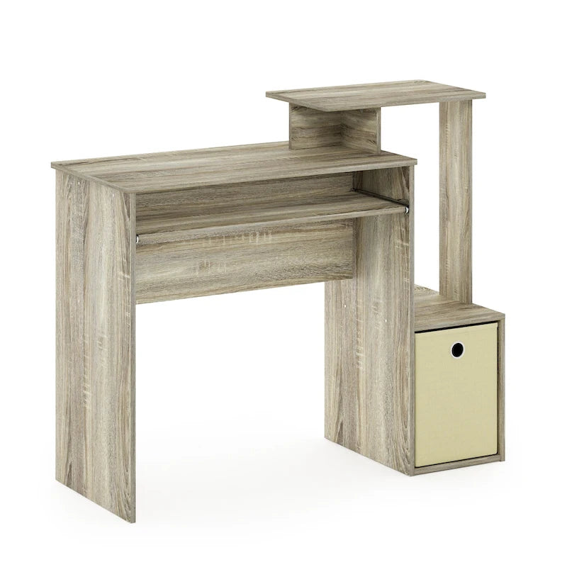 Bureau compact en MDF avec tablette coulissante pour clavier et bac de rangement en tissu pour 1 personne – Noir / Noyer foncé / Chêne français gris / Blanc / Chêne Sonoma / Pin ambré