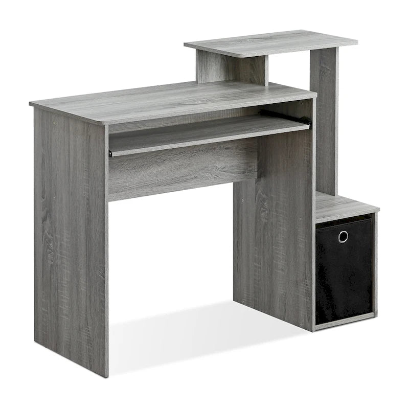 Bureau compact en MDF avec tablette coulissante pour clavier et bac de rangement en tissu pour 1 personne – Noir / Noyer foncé / Chêne français gris / Blanc / Chêne Sonoma / Pin ambré