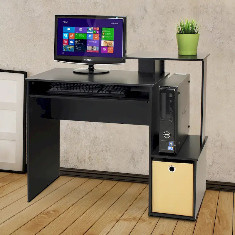 Bureau compact en MDF avec tablette coulissante pour clavier et bac de rangement en tissu pour 1 personne – Noir / Noyer foncé / Chêne français gris / Blanc / Chêne Sonoma / Pin ambré