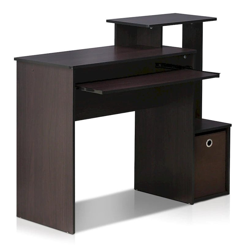 Bureau compact en MDF avec tablette coulissante pour clavier et bac de rangement en tissu pour 1 personne – Noir / Noyer foncé / Chêne français gris / Blanc / Chêne Sonoma / Pin ambré