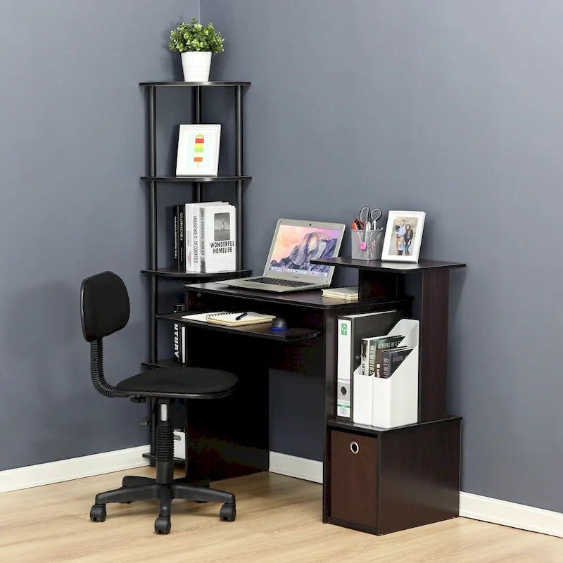 Bureau compact en MDF avec tablette coulissante pour clavier et bac de rangement en tissu pour 1 personne – Noir / Noyer foncé / Chêne français gris / Blanc / Chêne Sonoma / Pin ambré