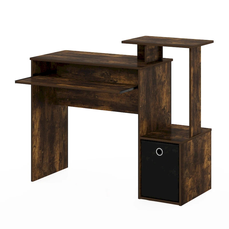 Bureau compact en MDF avec tablette coulissante pour clavier et bac de rangement en tissu pour 1 personne – Noir / Noyer foncé / Chêne français gris / Blanc / Chêne Sonoma / Pin ambré
