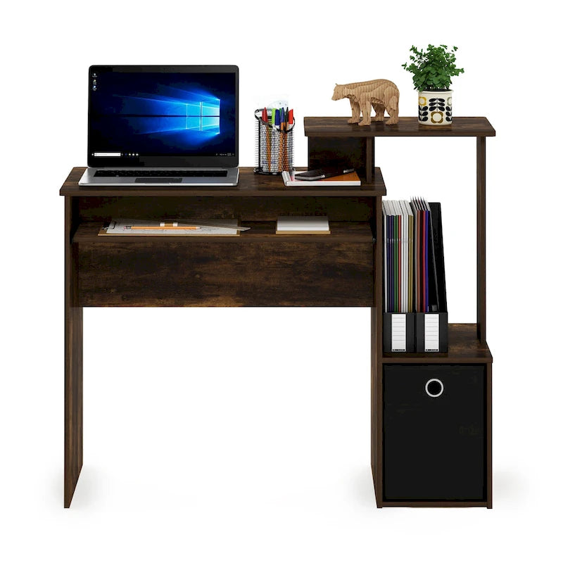 Bureau compact en MDF avec tablette coulissante pour clavier et bac de rangement en tissu pour 1 personne – Noir / Noyer foncé / Chêne français gris / Blanc / Chêne Sonoma / Pin ambré