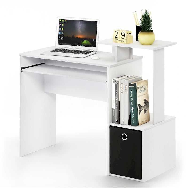 Bureau compact en MDF avec tablette coulissante pour clavier et bac de rangement en tissu pour 1 personne – Noir / Noyer foncé / Chêne français gris / Blanc / Chêne Sonoma / Pin ambré