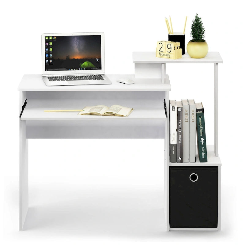 Bureau compact en MDF avec tablette coulissante pour clavier et bac de rangement en tissu pour 1 personne – Noir / Noyer foncé / Chêne français gris / Blanc / Chêne Sonoma / Pin ambré