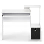 Bureau compact en MDF avec tablette coulissante pour clavier et bac de rangement en tissu pour 1 personne – Noir / Noyer foncé / Chêne français gris / Blanc / Chêne Sonoma / Pin ambré