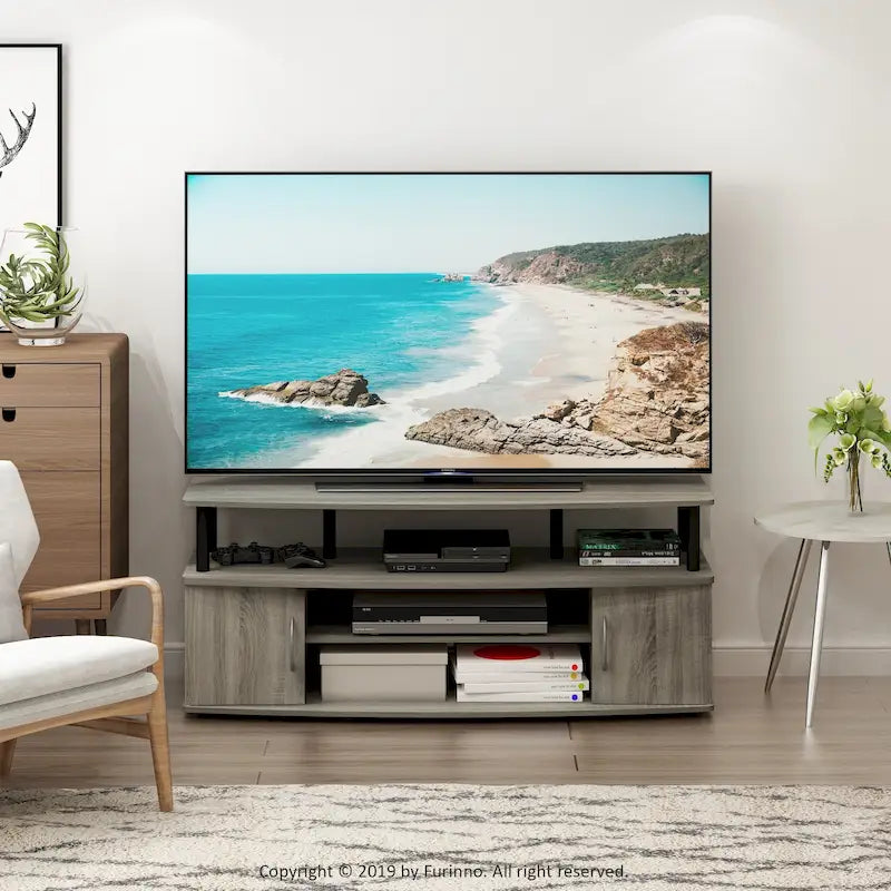 Meuble TV en bois composite gris/noyer/blanc/pin pour téléviseurs jusqu'à 55 pouces