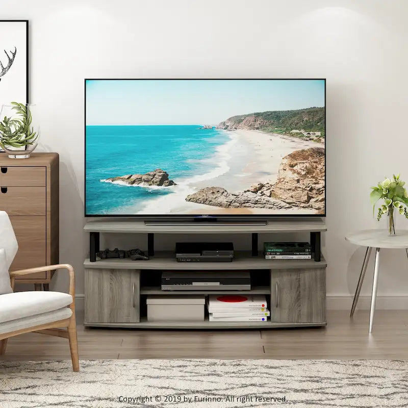 Meuble TV en bois composite gris/noyer/blanc/pin pour téléviseurs jusqu'à 55 pouces