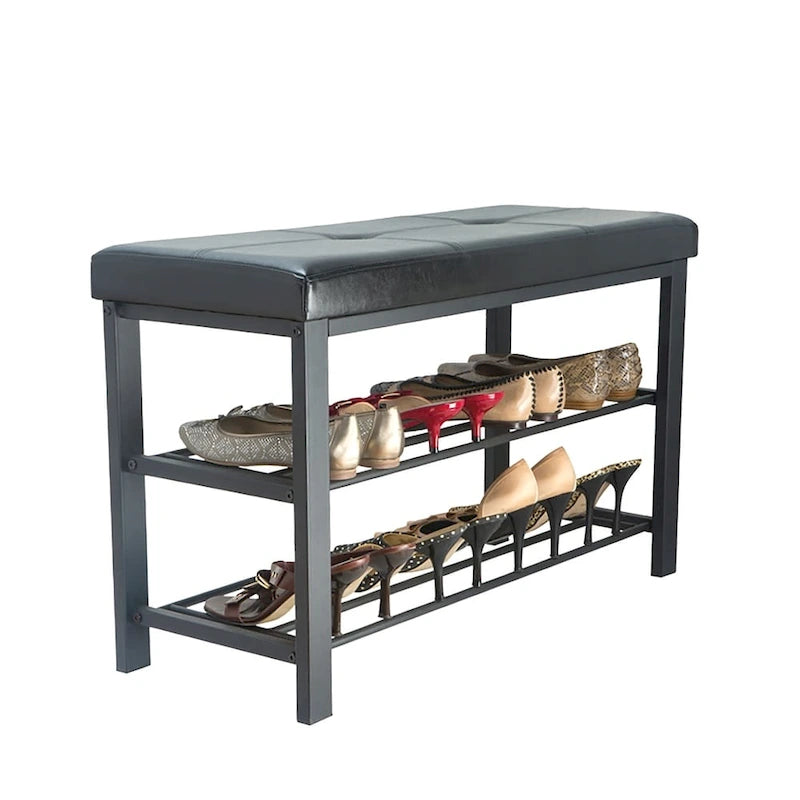 Banc de rangement à chaussures 2 niveaux noir rembourré pour 1 personne