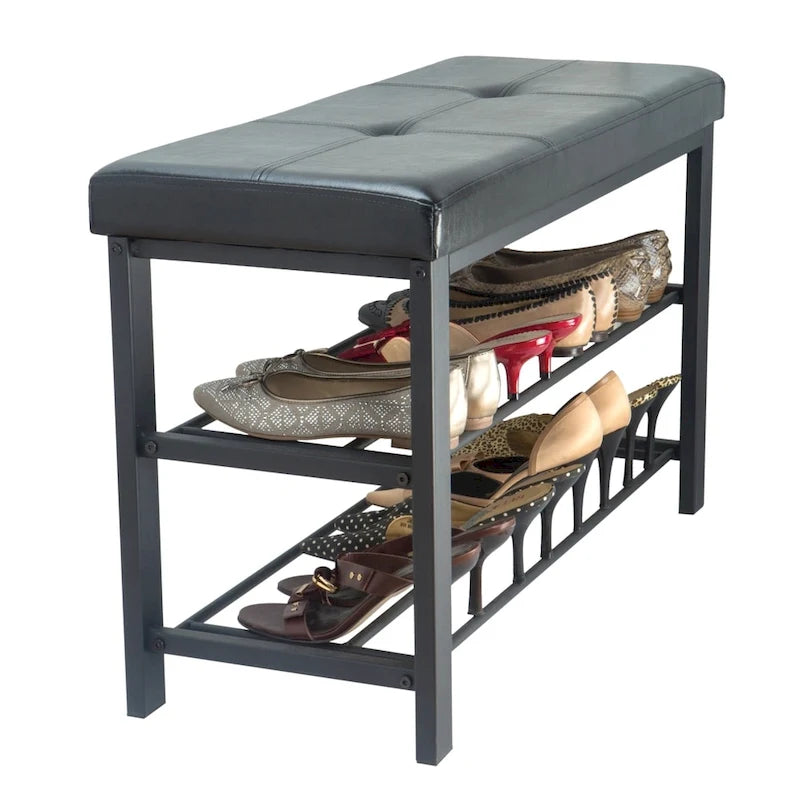 Banc de rangement à chaussures 2 niveaux noir rembourré pour 1 personne