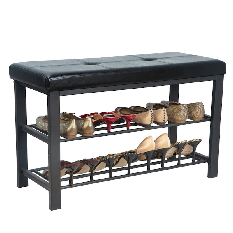 Banc de rangement à chaussures 2 niveaux noir rembourré pour 1 personne
