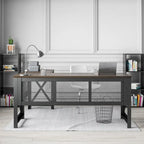Bureau d'angle en MDF Noyer et Placage Bois avec Plateau Relevable et Piétement Métallique pour 2