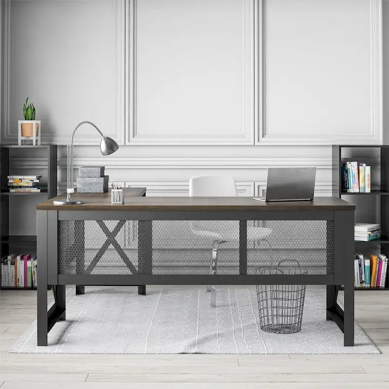 Bureau d'angle en MDF Noyer et Placage Bois avec Plateau Relevable et Piétement Métallique pour 2