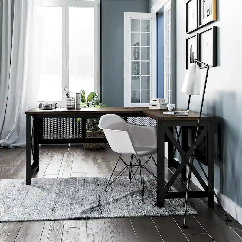 Bureau d'angle en MDF Noyer et Placage Bois avec Plateau Relevable et Piétement Métallique pour 2