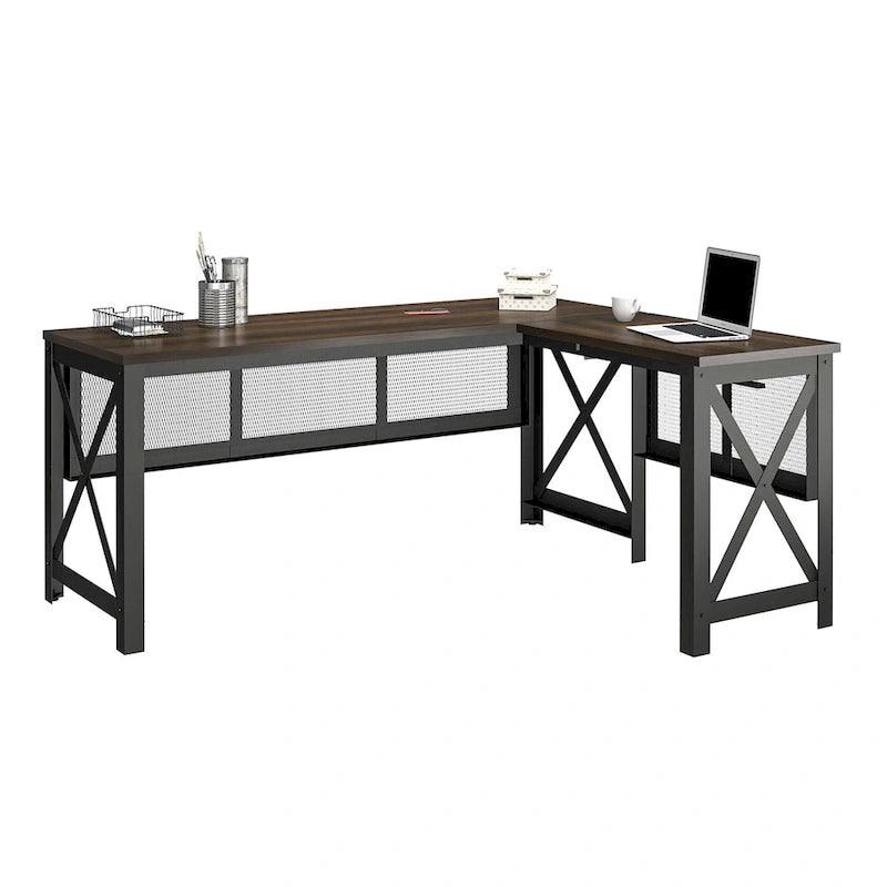 Bureau d'angle en MDF Noyer et Placage Bois avec Plateau Relevable et Piétement Métallique pour 2