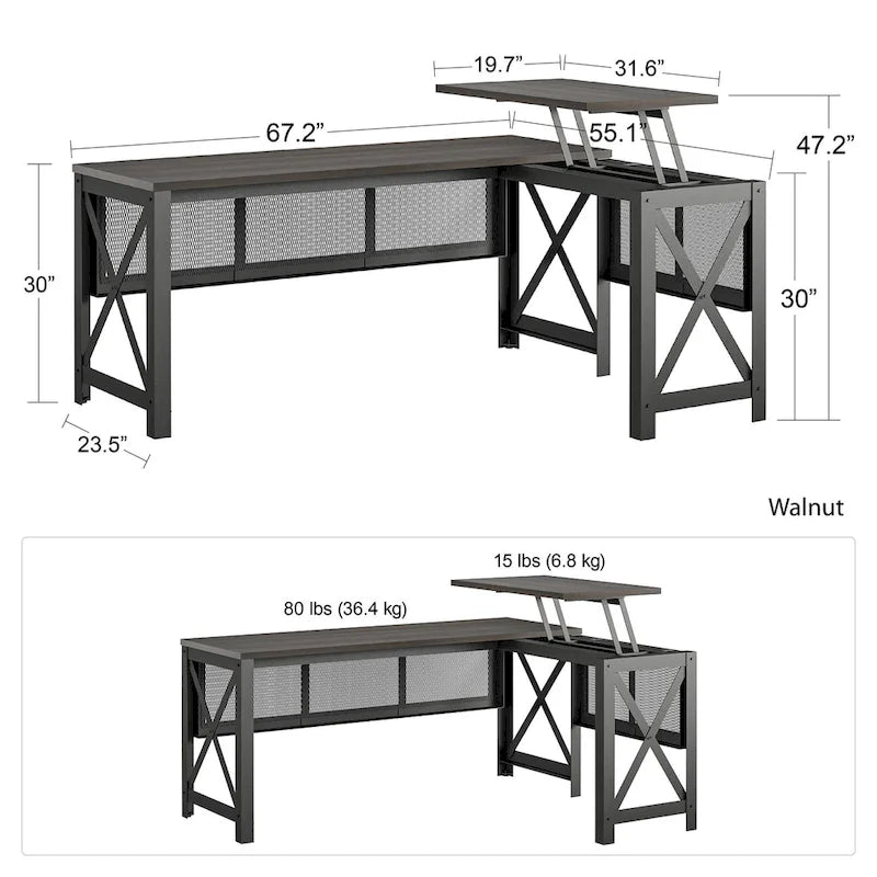 Bureau d'angle en MDF Noyer et Placage Bois avec Plateau Relevable et Piétement Métallique pour 2