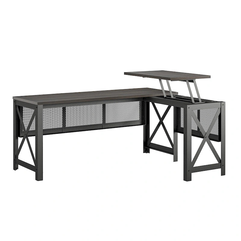 Bureau d'angle en MDF Noyer et Placage Bois avec Plateau Relevable et Piétement Métallique pour 2