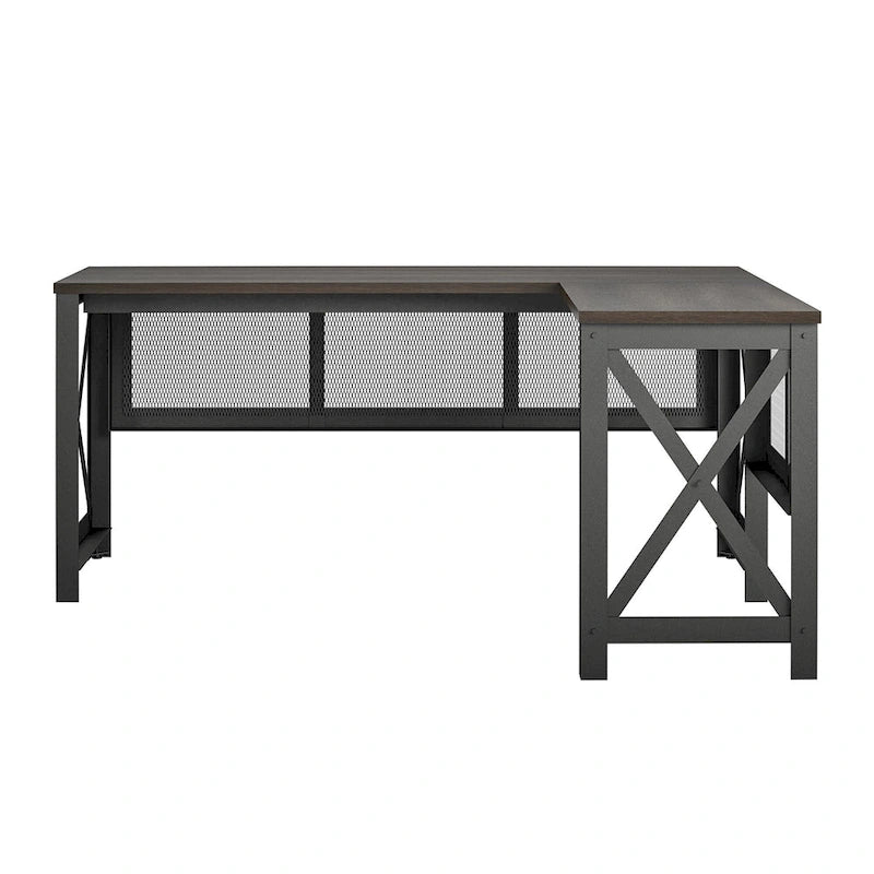 Bureau d'angle en MDF Noyer et Placage Bois avec Plateau Relevable et Piétement Métallique pour 2