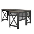 Bureau d'angle en MDF Noyer et Placage Bois avec Plateau Relevable et Piétement Métallique pour 2