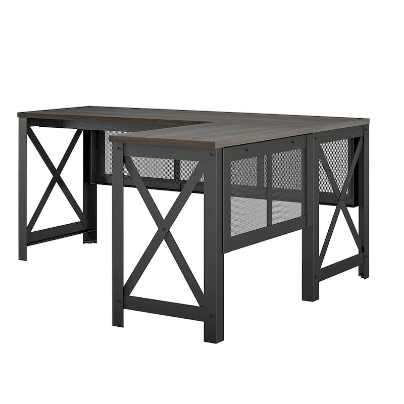 Bureau d'angle en MDF Noyer et Placage Bois avec Plateau Relevable et Piétement Métallique pour 2