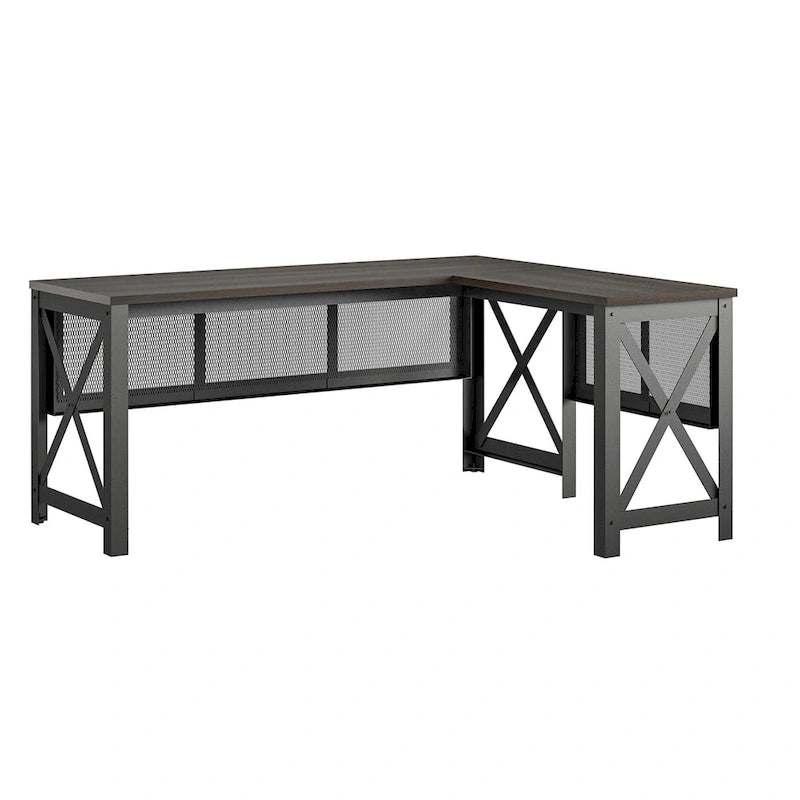 Bureau d'angle en MDF Noyer et Placage Bois avec Plateau Relevable et Piétement Métallique pour 2