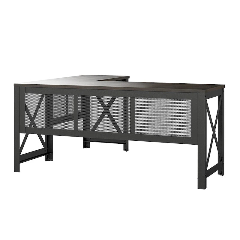 Bureau d'angle en MDF Noyer et Placage Bois avec Plateau Relevable et Piétement Métallique pour 2