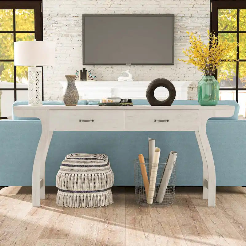 Console contemporaine en chêne blanc de 70 pouces avec 2 tiroirs