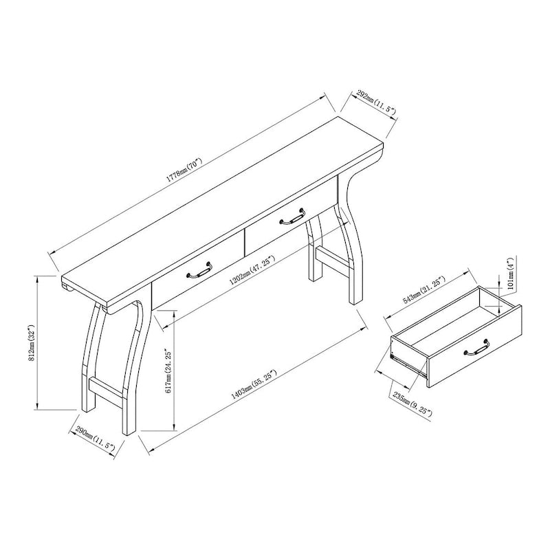 Eigentijdse consoletafel van wit eikenhout, 70 inch, met 2 laden